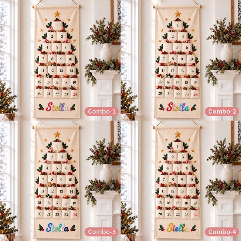 Op de afbeelding: Een hangende stoffen adventskalender in de vorm van een kerstboom met vierentwintig genummerde vakjes. Het ontwerp bevat geborduurd groen blad, gouden sterren en de naam Stella in kleurrijk schrift onderaan. Vier varianten zijn getoond.
