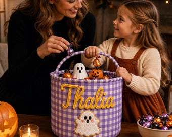 Personalized Halloween Gift Basket, Custom Name Trick or Treat Basket, Handmade Embroidered Candy Bucket, First Halloween Keepsake Gift