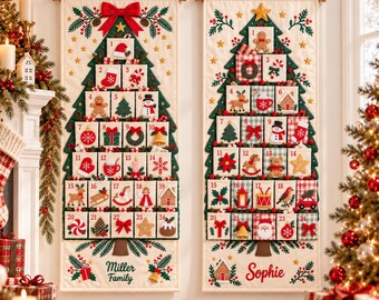 Personalized Christmas Advent Calendar, Custom Family Name 24 Pocket Countdown for Kids, Reusable Fabric Wall Hanging, Holiday Tradition