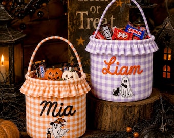 Personalized Halloween Basket, Custom Name Trick or Treat Bucket, Embroidered Kids Candy Bag, Handmade Boo Basket First Halloween Gift