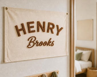 Custom Name Pennant, Personalized Hand Embroidered Baby Name Flag, Canvas Name Banner, Nursery Pennant Flag, Canvas Name Sign