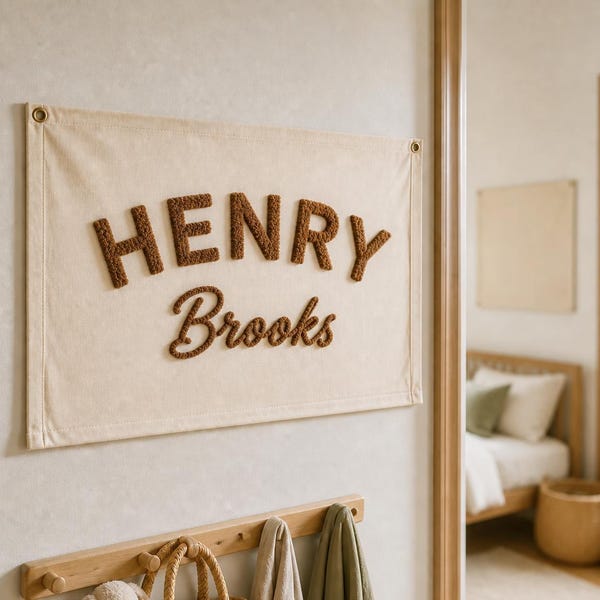 Custom Name Pennant, Personalized Hand Embroidered Baby Name Flag, Canvas Name Banner, Nursery Pennant Flag, Canvas Name Sign