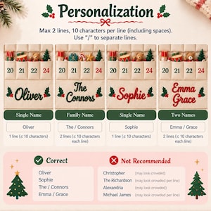Op de afbeelding: Een beige stoffen kerstadventskalender met vakjes genummerd 20, 21, 22 en 24. De kalender bevat geborduurde namen zoals Oliver, The Connors, Sophie en Emma Grace, versierd met hulsttakjes en kleine feestelijke ornamenten.