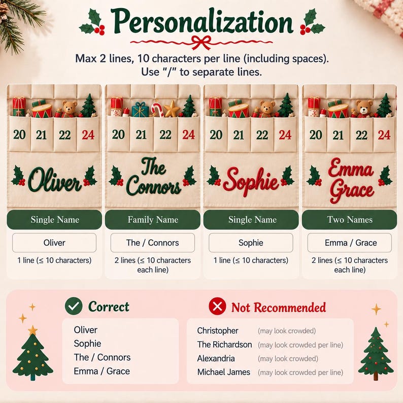 Op de afbeelding: Een beige stoffen kerstadventskalender met vakjes genummerd 20, 21, 22 en 24. De kalender bevat geborduurde namen zoals Oliver, The Connors, Sophie en Emma Grace, versierd met hulsttakjes en kleine feestelijke ornamenten.