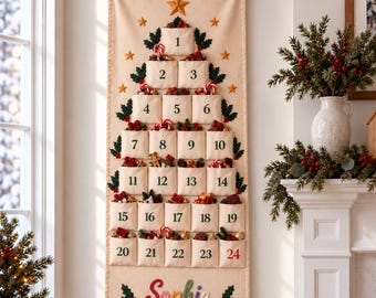 Kerstadventskalender met eigen naam, stoffen aftelkalender met 24 vakjes, gepersonaliseerde herbruikbare adventskalender, kerstwanddecoratie