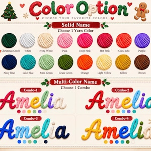 Op de afbeelding: Een kleurselectiekaart voor aangepaste garennamen met een sectie voor effen kleuren met eenentwintig garenbollen en een meerkleurige sectie met vier voorbeelden van de naam Amelia in verschillende kleurcombinaties en een cadeaulabel.