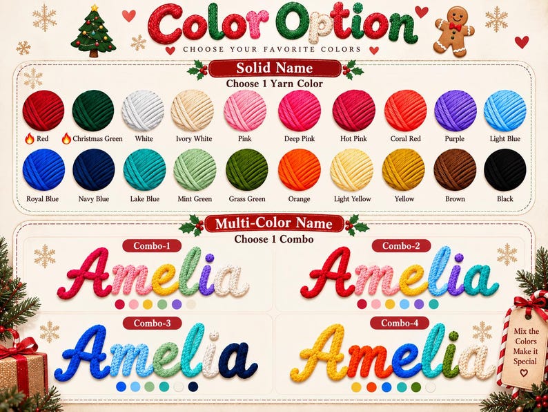 Op de afbeelding: Een kleurselectiekaart voor aangepaste garennamen met een sectie voor effen kleuren met eenentwintig garenbollen en een meerkleurige sectie met vier voorbeelden van de naam Amelia in verschillende kleurcombinaties en een cadeaulabel.