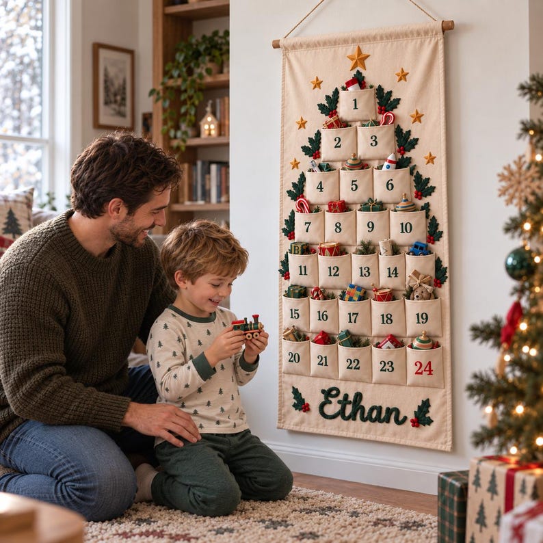 Op de afbeelding: Een cr&egrave;mekleurige stoffen adventskalender voor aan de muur in de vorm van een kerstboom met vierentwintig genummerde vakjes. De kalender is voorzien van geborduurde groene hulstblaadjes, gouden sterren en de naam Ethan in donkergroen.
