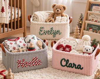 Personalized Christmas Basket with Name, Embroidered Christmas Eve Basket, Corduroy Holiday Storage Bin, Custom Family Gift Basket