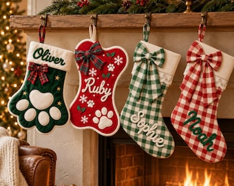 Personalized Christmas Stockings with Name, Family and Pet Stocking Set, Custom Dog Cat Stocking, Christmas Mantel Decor, Holiday Decor