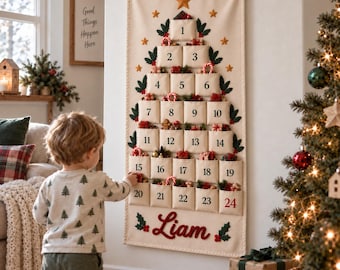 Gepersonaliseerde adventskalender voor kinderen, kerstkalender met 24 vakjes, vulbare stoffen wanddecoratie, kerstdecoratie met eigen naam