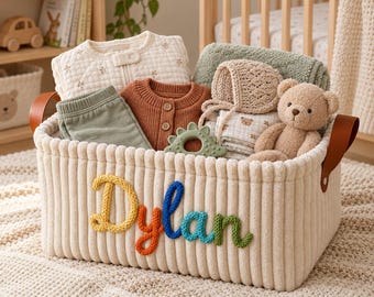 Personalized Baby Storage Basket, Custom Embroidered Name Basket, Handmade Nursery Organizer, Newborn Keepsake Gift, Moms To Be Present