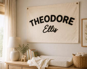 Baby Name Flag, Personalized Hand Embroidered Name Banner, Custom Nursery Name Sign, Canvas Name Pennant, Nursery Wall Decor