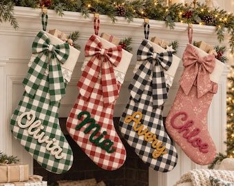 Personalized Christmas Stockings 2026, Custom Family Stockings with Name, Hand Embroidered Ruffle Holiday Decor, Plaid Christmas Keepsake