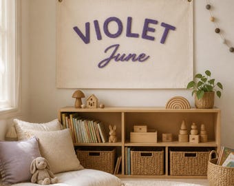 Baby Name Flag, Personalized Hand Embroidered Name Banner, Custom Nursery Name Sign, Canvas Wall Decor, Personalized Baby Room Decor