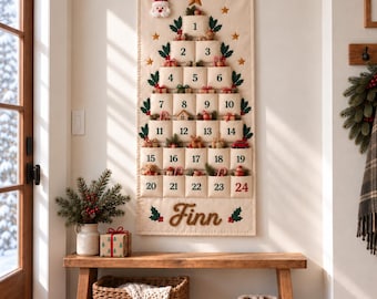 Personalized Fabric Advent Calendar, 24 Pocket Christmas Countdown for Kids, Custom Name Hanging Calendar, Reusable Christmas Decor