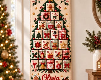 Personalized Christmas Advent Calendar 2026, Custom Name 24 Pocket Countdown, Christmas Tree Fabric Wall Hanging, Kids Holiday Keepsake