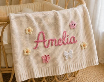 Copertina in maglia personalizzata per neonata, con nome ricamato a mano, ricordo per la nascita, copertina per la cameretta realizzata a mano, regalo ricordo per neonati, copertina con nome personalizzato