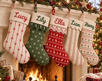 Personalized Christmas Stockings with Name, Embroidered Family Stocking, Ruffle Lace and Bow Options, Vintage Christmas Mantel Decor