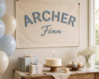 Custom Birthday Name Sign, Hand Embroidered Canvas Flag, Personalized First Birthday Backdrop, Kids Party Wall Decor, Nursery Keepsake
