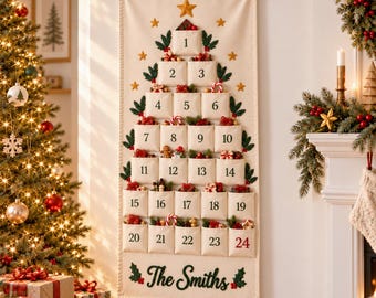 Personalized Christmas Advent Calendar, Embroidered Name 24-Pocket Fabric Countdown Organizer, Kids Advent Calendar, Reusable Wall Hanging