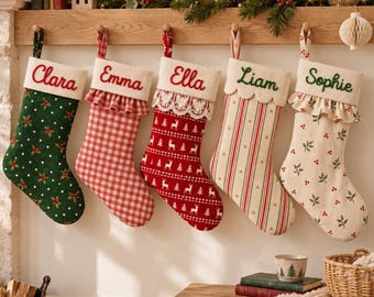 Personalized Christmas Stockings with Name Embroidery, Bow, Ruffle Cuff and Lace Options, Custom Family Christmas Stocking