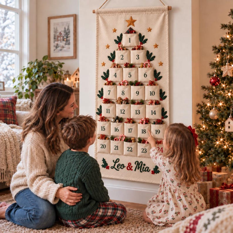 Op de afbeelding: Een cr&egrave;mekleurige stoffen adventskalender voor aan de muur in de vorm van een kerstboom met vierentwintig genummerde vakjes. De kalender is voorzien van geborduurde hulstblaadjes, sterren en de gepersonaliseerde rode en groene tekst Leo & Mia.