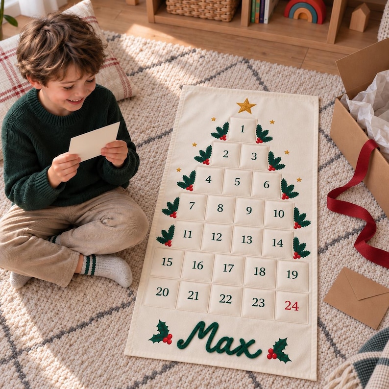 Op de afbeelding: Een cr&egrave;mekleurige stoffen adventskalender in de vorm van een kerstboom met vierentwintig genummerde vakjes. Het ontwerp bevat groene hulstblaadjes, rode bessen, een gouden ster aan de top en de naam Max geborduurd in groene letters onderaan.