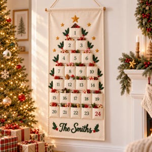 Op de afbeelding: Een cr&egrave;mekleurige stoffen adventskalender voor aan de muur in de vorm van een kerstboom met vierentwintig genummerde vakjes. Het ontwerp bevat geborduurde groene hulstblaadjes, gouden sterren en de tekst The Smiths in donkergroen schrift onderaan.
