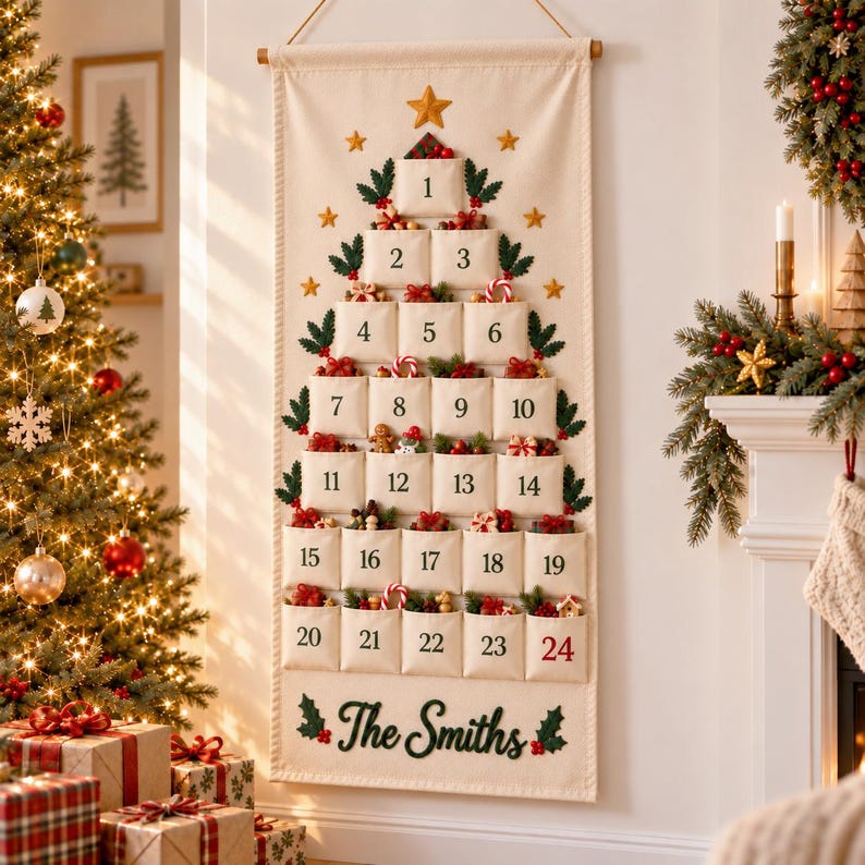 Op de afbeelding: Een cr&egrave;mekleurige stoffen adventskalender voor aan de muur in de vorm van een kerstboom met vierentwintig genummerde vakjes. Het ontwerp bevat geborduurde groene hulstblaadjes, gouden sterren en de tekst The Smiths in donkergroen schrift onderaan.