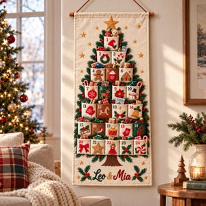 Può includere: Un arazzo in tessuto color crema a forma di albero di Natale con ventiquattro tasche numerate. Ogni tasca presenta icone natalizie ricamate come un orsacchiotto, un omino di pan di zenzero e un bastoncino di zucchero. Il nome Leo & Mia è ricamato alla base.