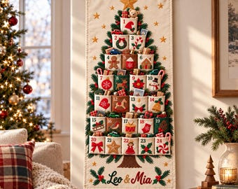 Reusable Christmas Advent Calendar, Personalized Name 24 Pocket Fabric Wall Hanging, Kids Christmas Countdown, Custom Holiday Decor