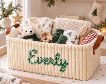 Personalized Christmas Basket with Name, Custom Embroidered Storage Basket, Baby Keepsake Gift, Christmas Eve Organizer for Kids