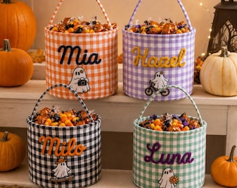 Personalized Halloween Basket, Custom Name Halloween Candy Bucket, Embroidered Trick or Treat Basket, Handmade Kids Halloween Gift