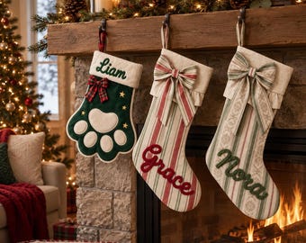 Personalized Christmas Stockings with Name, Family Pet Stocking, Custom Embroidered Stocking, Christmas Mantel Decor, Holiday Home Decor