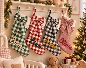 Personalized Christmas Stocking 2026, Hand Embroidered Name Stocking, Custom Ruffle Plaid Holiday Decor, Family Christmas Gift