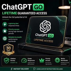 Puede incluir: Un dispositivo rectangular negro y dorado con el texto "ChatGPT GO LIFETIME GUARANTEED ACCESS" y un logotipo blanco. La imagen incluye iconos para tiempos de respuesta rápidos, acceso prioritario y rendimiento mundial. También se muestra una garantía de 30 días.