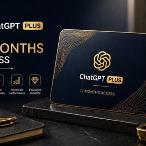 May include: A promotional image for ChatGPT PLUS, featuring a dark blue card with gold accents and the ChatGPT PLUS logo. The text "12 MONTHS ACCESS" is prominently displayed, along with icons representing benefits like priority access and faster responses.