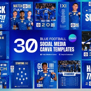 Può includere: Una collezione di 30 modelli Canva per social media a tema calcio blu, con vari layout per giorni di partita, formazioni iniziali, giocatore della partita, punteggi di metà tempo, risultati finali e classifiche con testo e grafica modificabili.