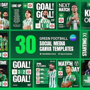 May include: A collection of thirty green-themed football social media templates featuring player portraits, match day graphics, scoreboards, and fixture lists with text including Match Day, Goal, Next Match, Kick Off, Halftime, Fulltime, and Starting XI.