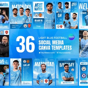 Puede incluir: Una colección de treinta y seis plantillas de redes sociales de fútbol en azul claro con jugadores del Manchester City en camisetas, gráficos de día de partido, estadísticas de jugadores y diseños de citas con texto como Player of the Match.