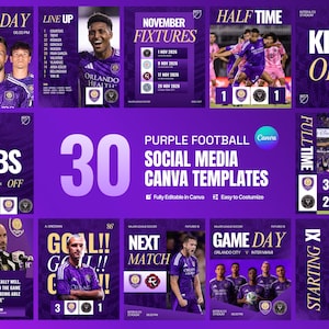 May include: A collection of 30 purple-themed football social media templates featuring various layouts for match days, lineups, fixtures, and game results. The designs include text overlays like Match Day, Line Up, Half Time, and Kick Off.