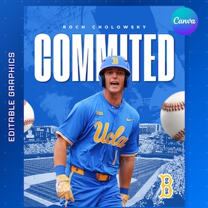 Könnte beinhalten: Eine digitale Grafikvorlage mit einem Baseballspieler in einer hellblauen UCLA-Uniform mit passendem Helm. Der Text lautet COLLEGE COMMITMENT, ROCH CHOLOWSKY, COMMITTED, EDITABLE GRAPHICS und CANVA TEMPLATES. Zwei Baseballs flankieren den Spieler.