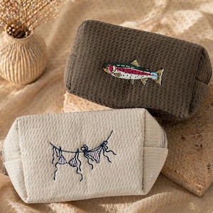 Embroidered Seersucker Pouch | Beachy Travel Bag, Coastal Gift