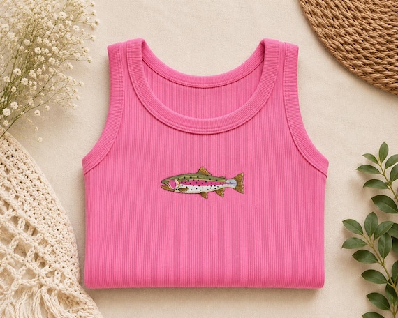 Embroidered Trout Ribbed Tank Top, Outdoorsy Summer Racerback, Lake Girl Shirt