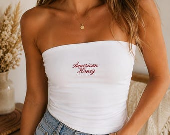 American Honey Embroidered Tube Top, White Strapless Top, Country Concert Outfit, Western Summer Top, Festival Clothing for Women