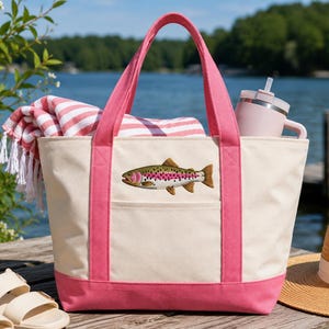 Embroidered Canvas Tote Bag, Personalized Beach Bag, Teacher Gift, Trout Design