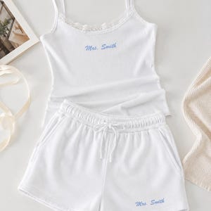 Personalized Embroidered Bride Lounge Set | Custom Tank, Sweatshirt & Sweat Shorts | Mrs. Bridal Gift | Honeymoon Outfit