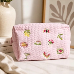 Embroidered Seersucker Makeup Bag  – Travel Pouch with Preppy Icon Designs