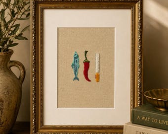 Embroidered Kitchen Wall Art | Fish, Chili Pepper & Knife |  Vintage Linen Textile Decor | Cottage Kitchen Gift